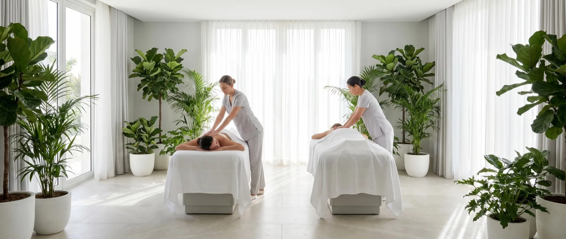 Couples massage with two therapists working side by side