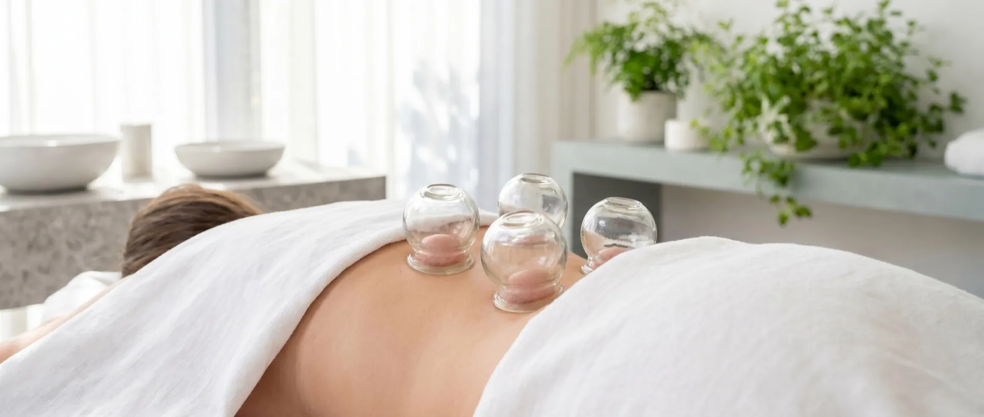 Cupping therapy with clear glass cups on a client's back