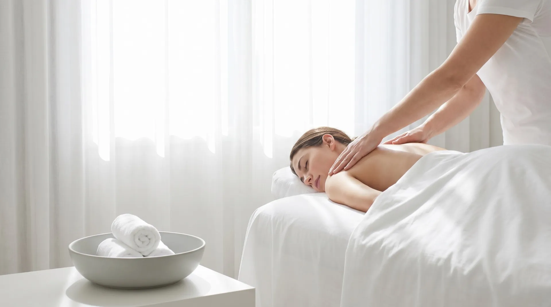 Client relaxing as a therapist massages her shoulders during a deep tissue massage