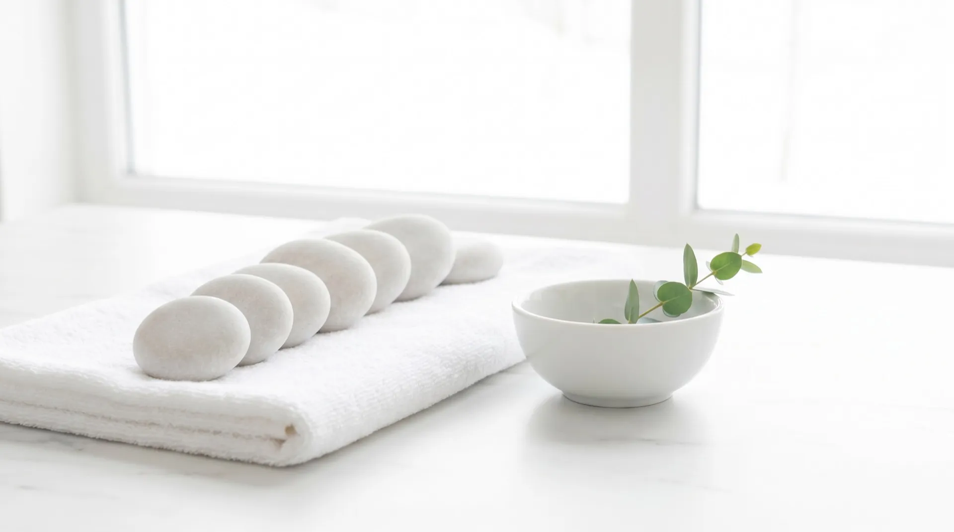 Smooth massage stones on a white towel beside a bowl of greenery