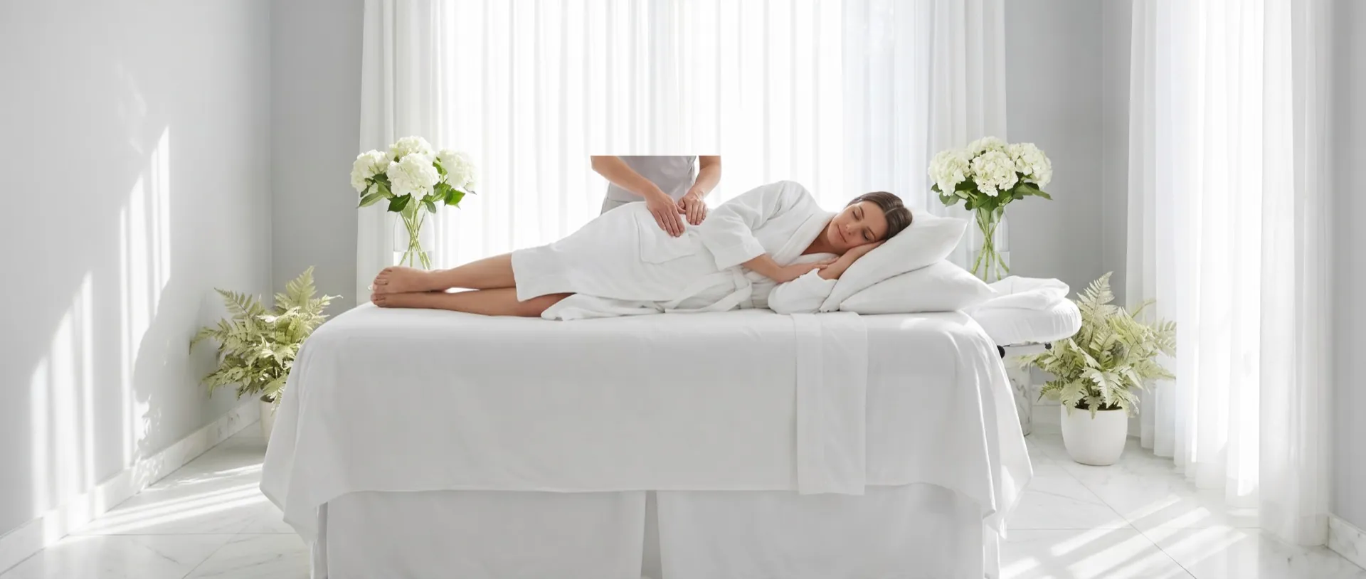 Prenatal massage with the client supported on her side by pillows