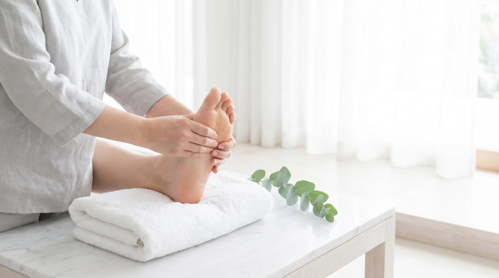 Therapist holding a client's foot on a towel during a reflexology session