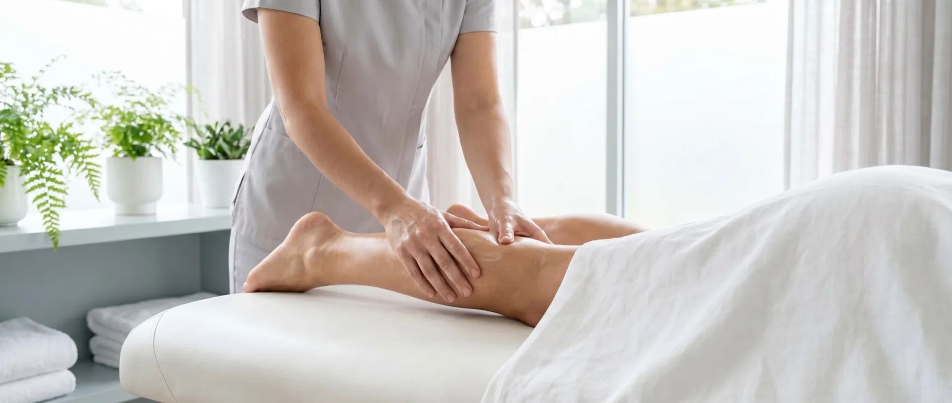 Therapist massaging a client's calf during a sports massage
