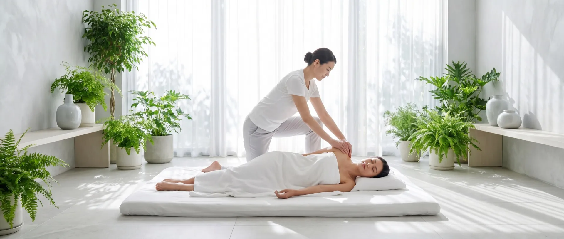 Therapist guiding a client through an assisted stretch on a floor mat during a Thai massage