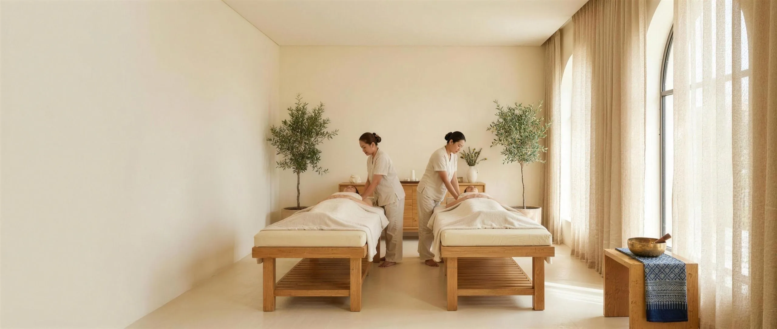Two therapists working on two clients at side-by-side tables in a warm, cream-toned Thai suite