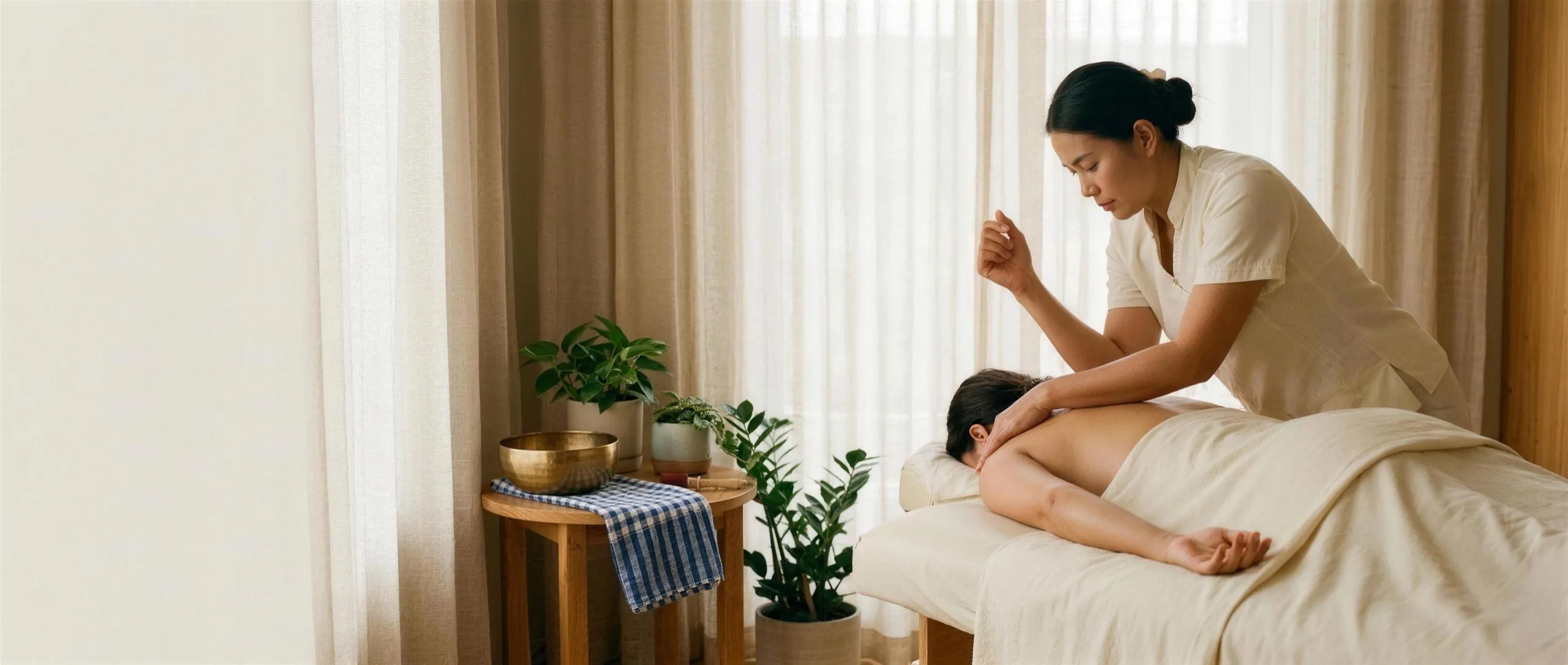 Therapist applying focused forearm pressure to a client's back in a warm, cream-toned Thai studio