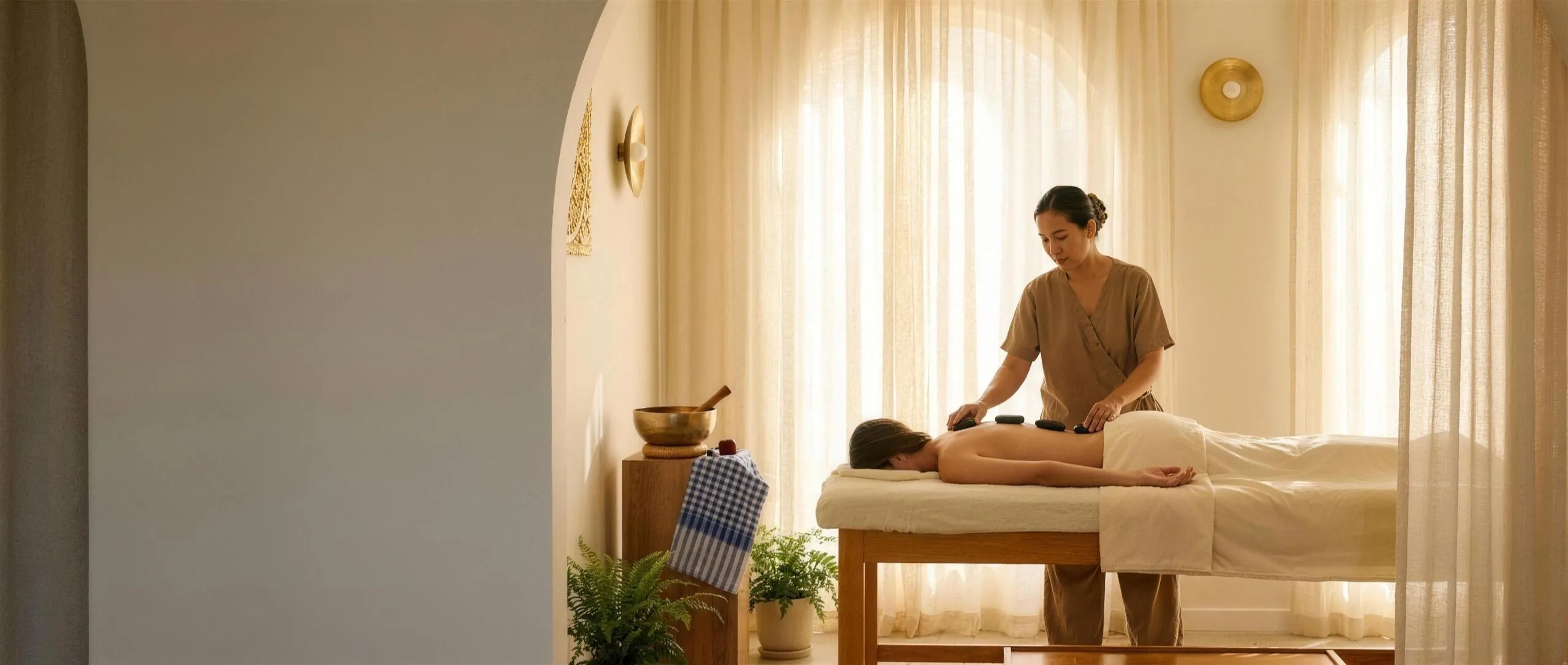 Therapist resting warm basalt stones along a client's spine in a warm, glowing Thai studio