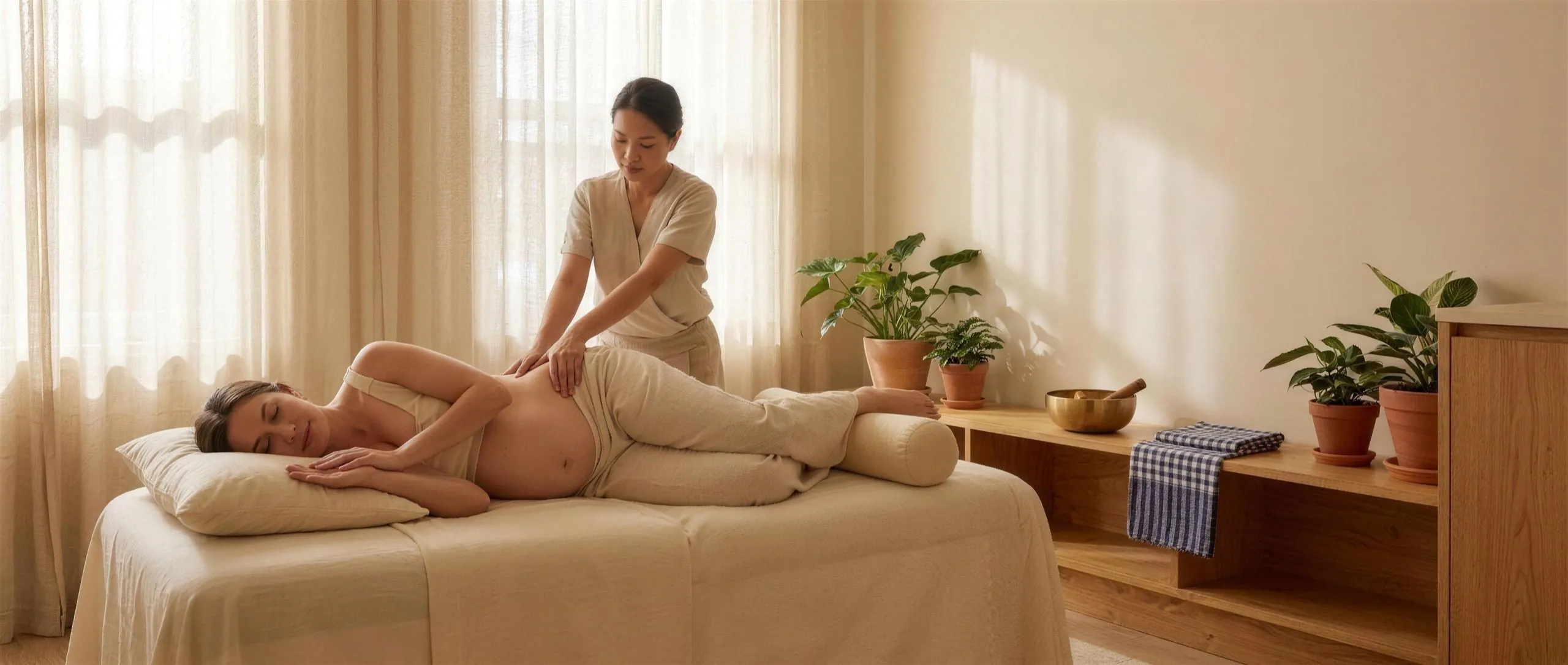 Therapist gently massaging the lower back of a side-lying pregnant client supported by bolsters in a warm Thai studio