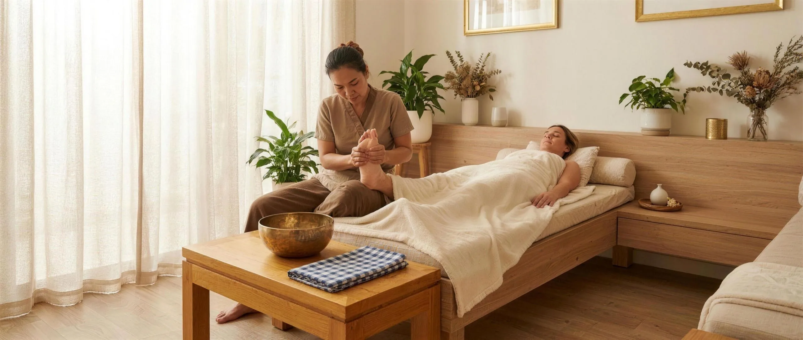 Therapist applying thumb pressure to a reclining client's foot beside a brass bowl in a warm Thai lounge